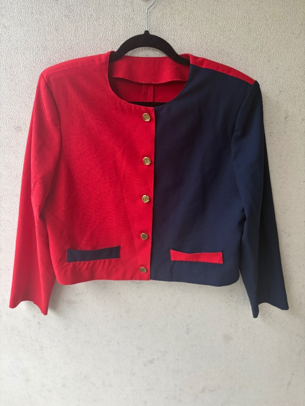 Vintage 80s Red Navy Colorblock Cropped Jacket Gold Buttons